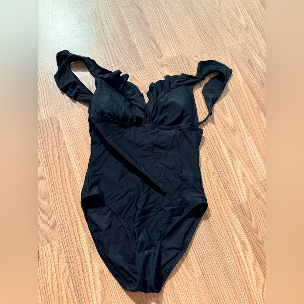 J. Crew Black Ruffle-Trim One-Piece Swimsuit